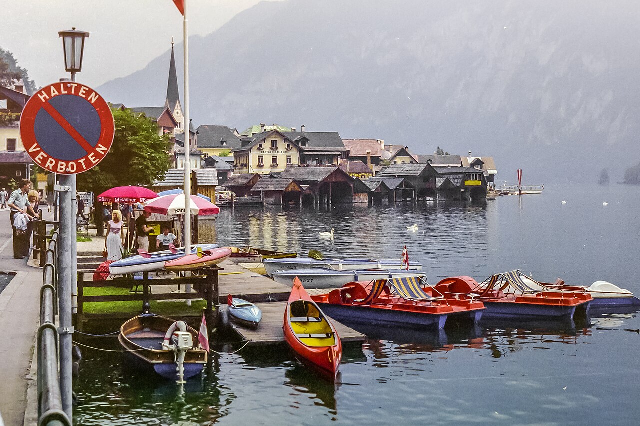 Boats on the lake at Hallstatt, Austria, with mountains behind